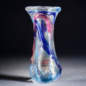 1997 Hand Blown Studio Art Glass Vase Artist Signed JENN Multicolor Threads VTG